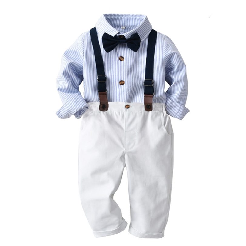 2021 Spring Children Clothes Toddler Boy Set Striped Shirt With Bow White Pants Belt 4 PCS Long-Sleeves Outfits Kids Gift