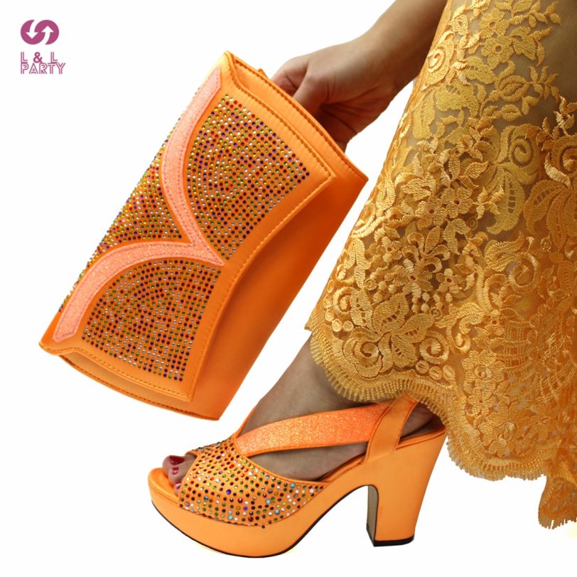 2021 Winter Fashionable Italian Women Design Shoes Matching Bag Set in Orange Color Slingback Sandals with Platform for Party