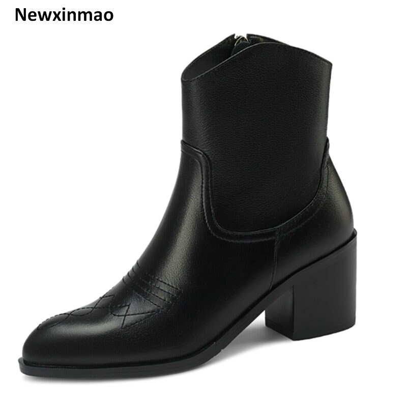 2021 new Side Zipper Ankle Boots Genuine Leather Round Toe Chunky Heels Pumps For Women Winter