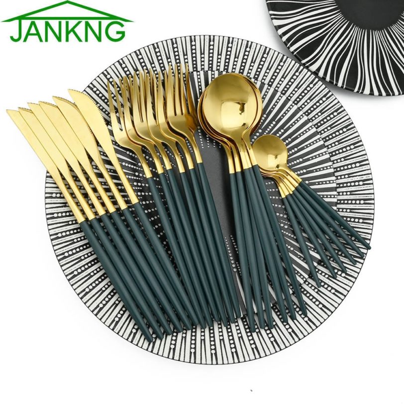 24Pcs Stainless Steel Dinnerware Set Kitchen Green Gold Cutlery Set Knife Fork Spoon Flatware Tableware Minimalist Silverware