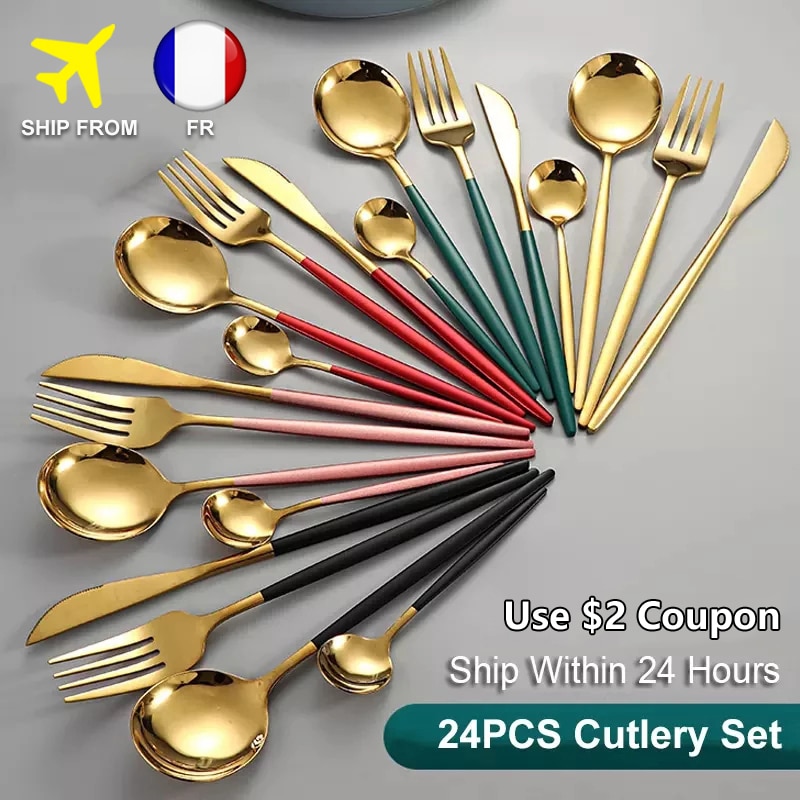24Pcs set Stainless Steel Dinner Black Gold Dinnerware Set Knife Fork Coffee Spoon Rose Gold Cutlery