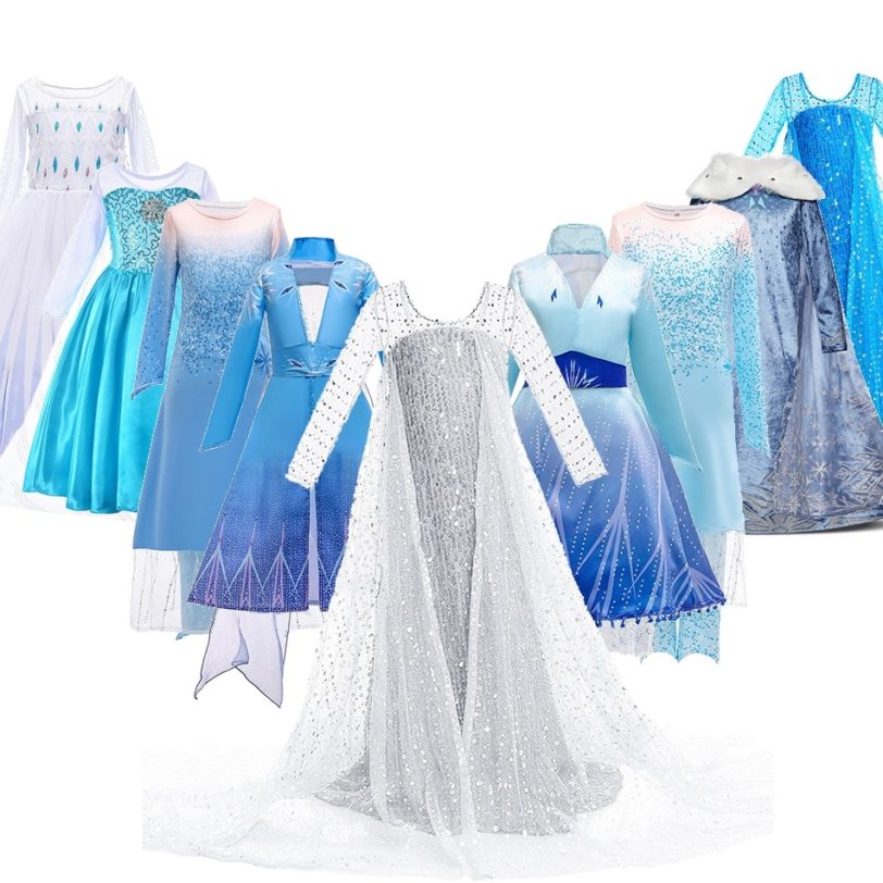 3 5 6 8 10 Years Girls Snow Queen Elsa 2 Dress Kids Halloween White Princess Costume Children Birthday Party Frocks Clothes Up