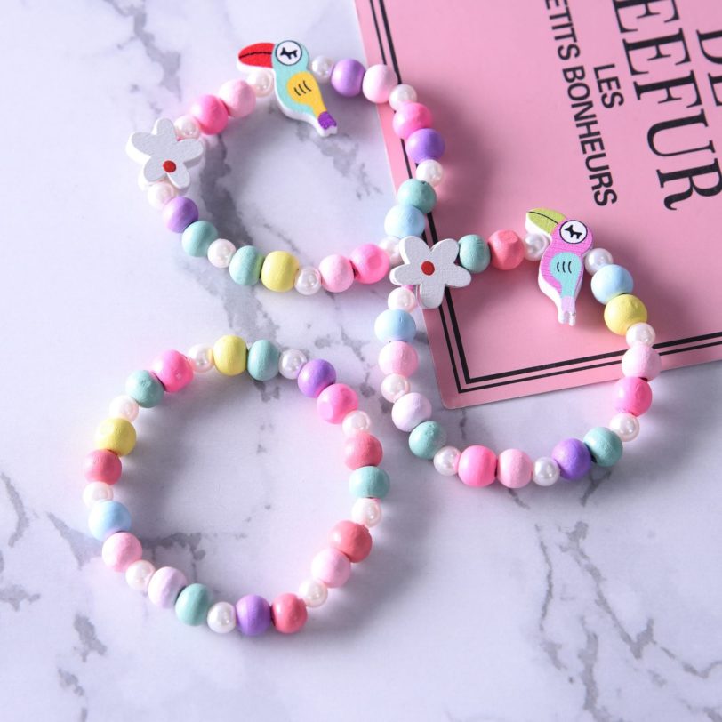 3pcs Cute Colorful Animal Flower Cartoon Wooden Beads Bracelet Children Toy Jewelry Girl Boy Gifts