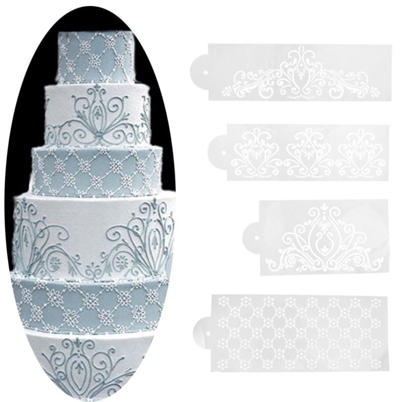 4pcs/set Plastic Cake Stencil Template Mold Princess Lace Flower Cupcake Cookie Bakeware Fondant Cake Decoration Tools