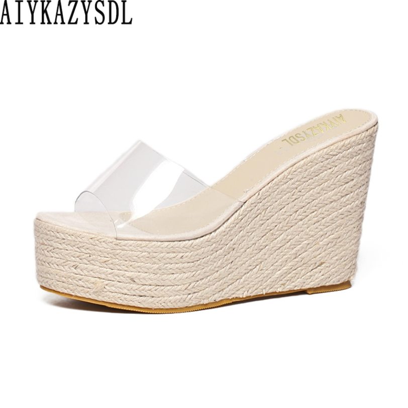 AIYKAZYSDL Women Slippers Mules Clear Transparent Wedge Sandals Cane Hemp Rope Straw Thick Sole Bottom Shoes Platform High Heels