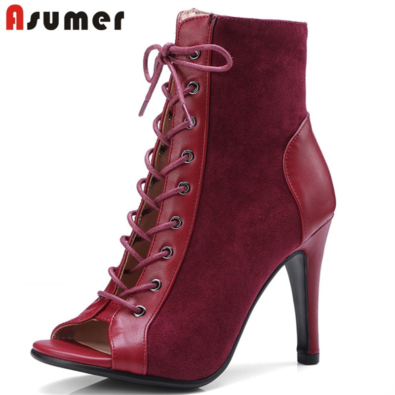 ASUMER 2021 new arrival women ankle boots flock pu peep toe lace up summer boots thin