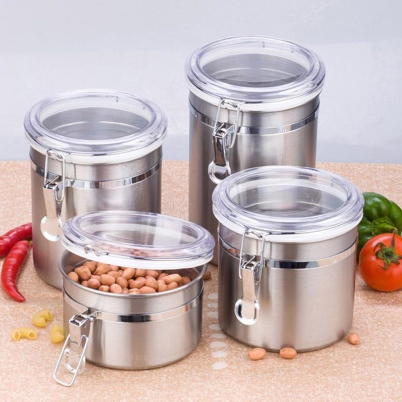 Airtight Stainless Steel Jar Canister Coffee Flour Sugar Whole Grain Storage Container Holder Fresh-keeping Kitchen Utensils