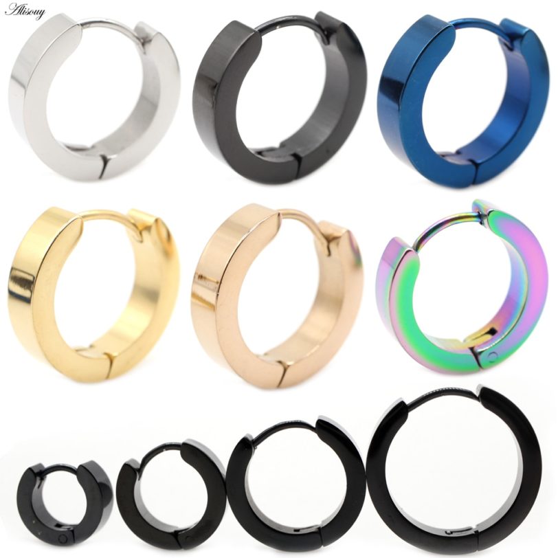 Alisouy 2pc Punk Women Men Small Huggie Earrings Gold Color Black Blue Stainless Steel Round Smooth Circle Hoop Earrings Jewelry