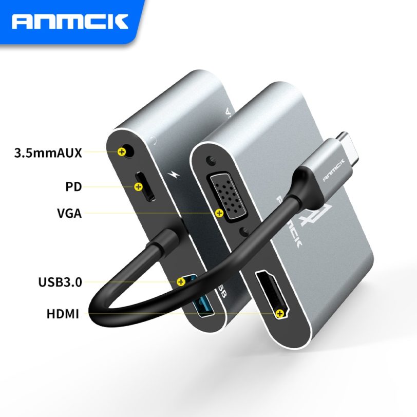 Anmck USB C 4k Type c to Adapter VGA USB3.0 HDMI-compatible Audio video Converter PD 87W Fast charger for Macbook pro Samsung s9