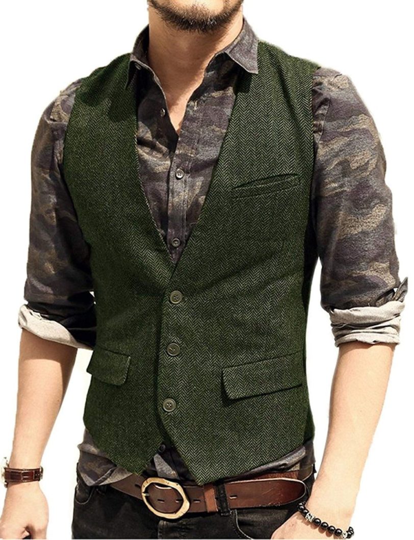 Army Green Mans Suit Vest Waistcoat V Neck Wool Herringbone Tweed Waistcoat Jacket Slim Fit Gilet Casual Groomman For Wedding