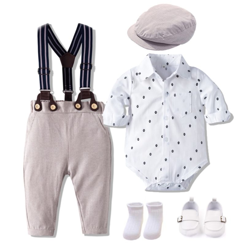 Autumn Spring Clothes Baby Boys Gentleman Dress Romper Hat Shoes 7 PCS Children Wedding Suit Toddler