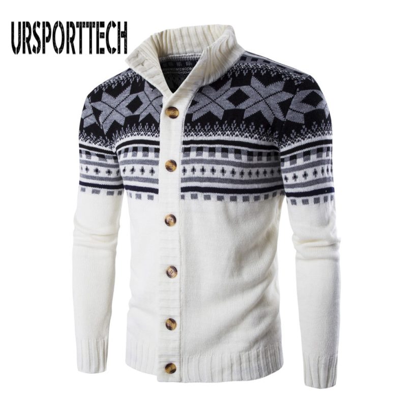 Autumn Winter Warm Christmas Sweater Men Fashion Printed Single-breasted Knit Cardigan Casual Stand Collar Mens Cardigan Sweater