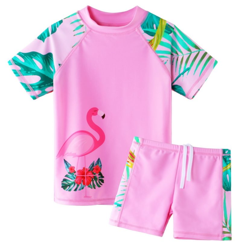 BAOHULU Children Flamingo Print Swimsuit Two Piece Set Tankini UPF 50 UV Protective Swimwear Children Water Sport Rash Guard