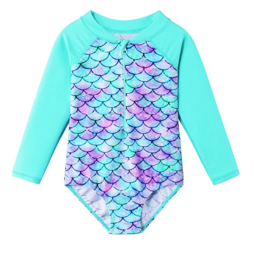 BAOHULU Long Sleeve Girls' Swimsuit Kids One Piece Sparkly Scales Bathing Suits Girl Children's Swimwear UV50 Rash guards Teens