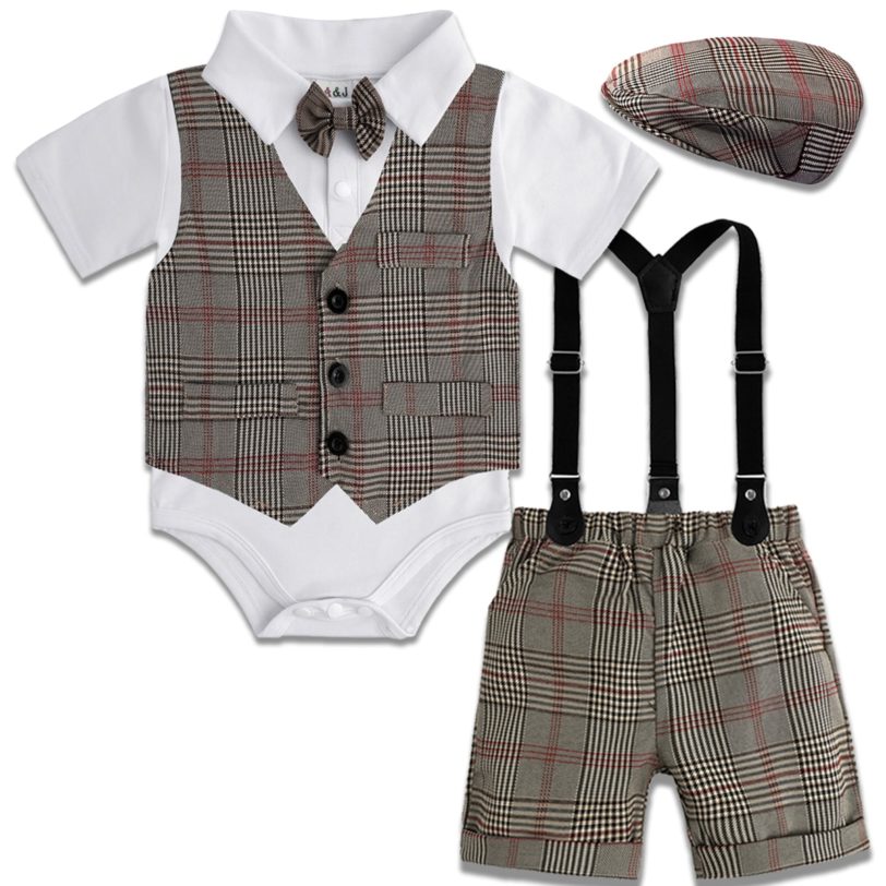 Baby Boys Gentleman Outfit Infant British Vintage Clothing Sets Toddler Plaid Wedding Birthday Party Gift Suits 4PCS