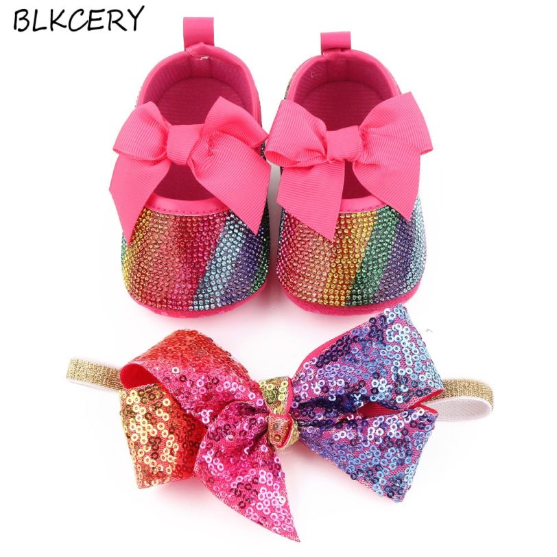 Baby Girls Shoes Bling Rhinestone Newborn Infant Footwear Toddler Flats for 1 Year Old Christian Doll Gifts with Headband a Sets