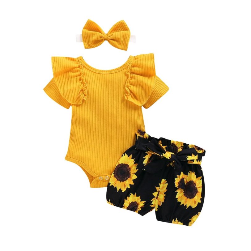 Baby Summer Clothing Girl Floral Clothes Kids Short Sleeve Romper Newborn Jumpsuit Girls Sunflower Tutu Shorts 3Pcs Outfits Set