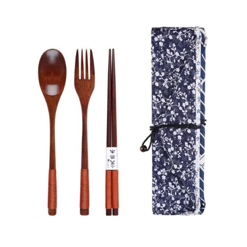 Basedidea Japan Style Wooden Tableware Set Spoon Fork Chopsticks with Storage Case Travel Cutlery Set