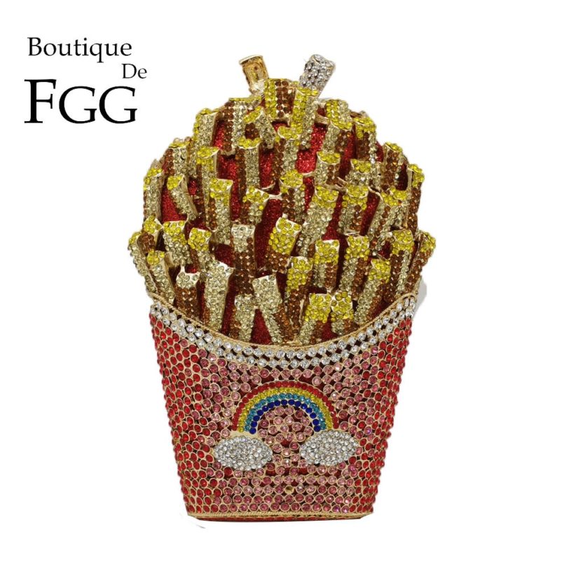 Boutique De FGG French Fries Chips Rainbow Clutch Minaudiere Bag Women Crystal Evening Bag Diamond Wedding Handbag Bridal Purse