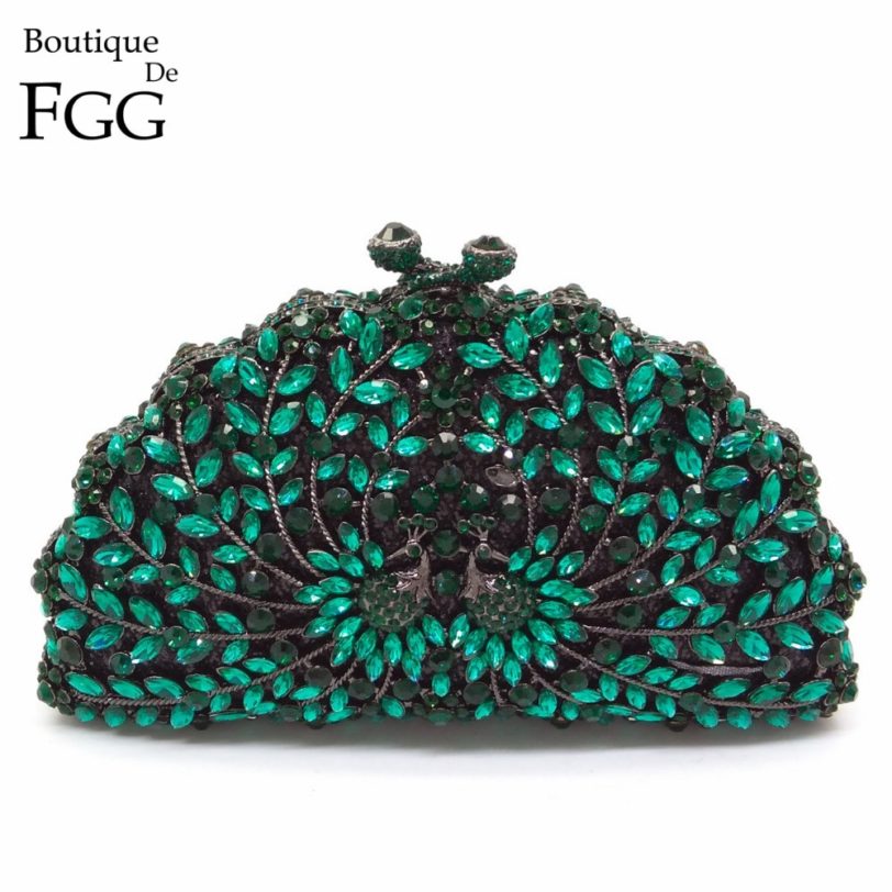 Boutique De FGG Green Peacock Women Evening Purses Wedding Cocktail Crystal Clutch Bag Bridal Diamond Minaudiere Handbags