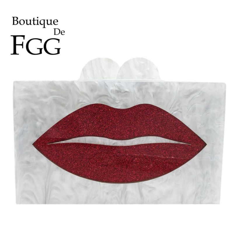 Boutique De FGG Red Lips Women White Acrylic Box Clutch Purses Evening Party Handbags Chain Shoulder