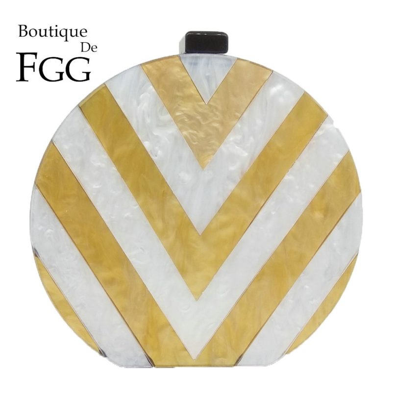 Boutique De FGG Round Women's Fashion Day Clutches Handbag Gold & White Striped Acrylic Box Evening Purse Chain Shoulder Bag