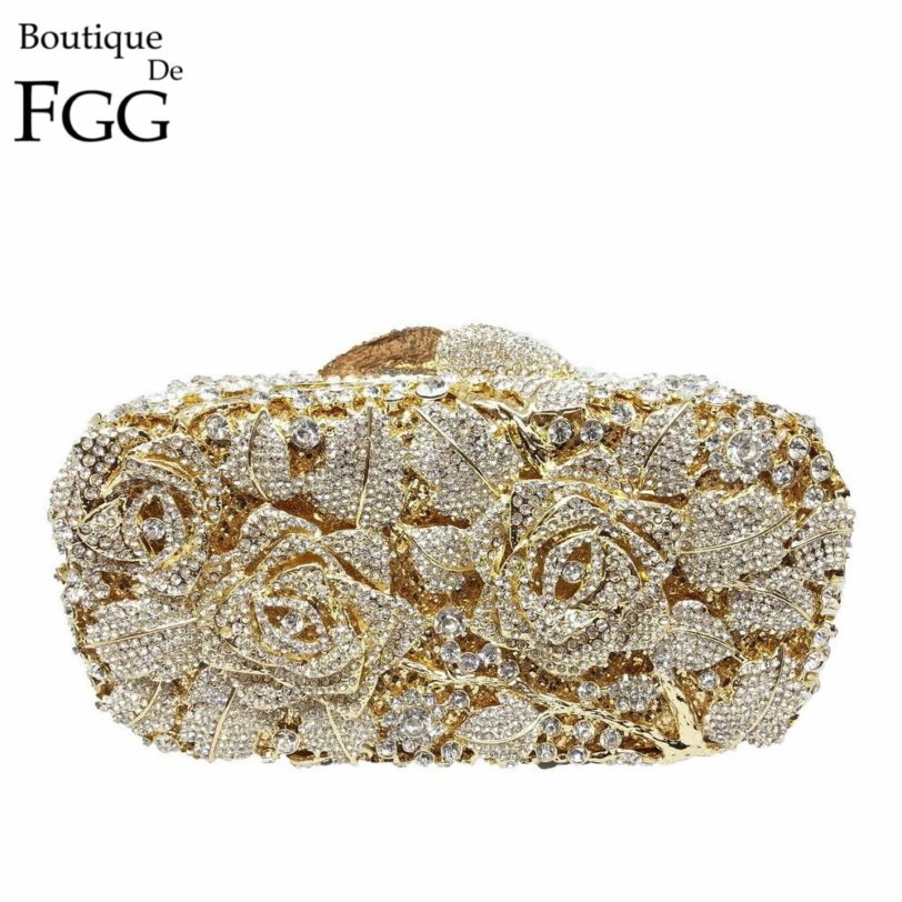 Bridal Metal Clutch Floral Rose Bag Women Crystal Gold Evening Bag Wedding Party Handbags Purse Lady Diamond Rhinestone Clutches