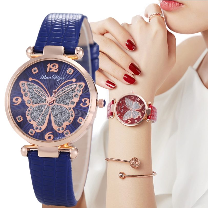 Butterfly Diamond Dial Design Women Quartz Watches Fashion Casual Ladies Wristwatches Simple Woman Leather Clock Montre Femme