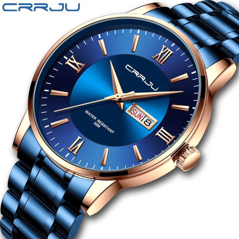 CRRJU Watches for Men Luxury Men Watches Mechanical Automatic Blue Watch Men 30M Waterproof Casual Business luminous Wristwatch