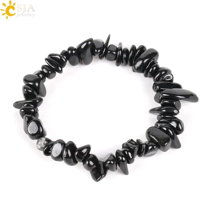 CSJA Natural Gem Stone Chip Beads Chakra Black Tourmaline Bracelets for Women Small Size Reiki Healing Meditation Aura Gift E705