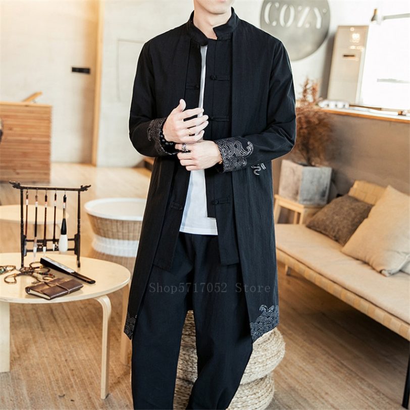 Casual Man Traditional Chinese Tops Retro Embroidery Tang Suit 2020 New Linen Shirts Male Long Jacket Plus Size Waves Crane Coat