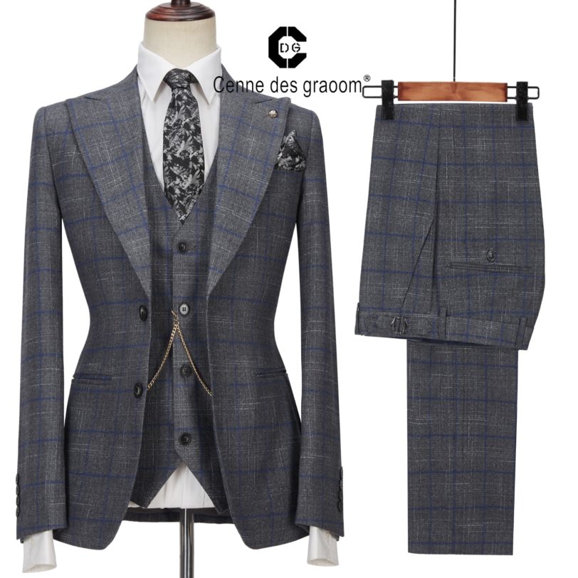 Cenne Des Graoom Men Suits Set Costume Homme Tailor-Made 3 Pieces Blazer Vest Pant Fashion Plaid Wedding Party Singer Groom TNT3