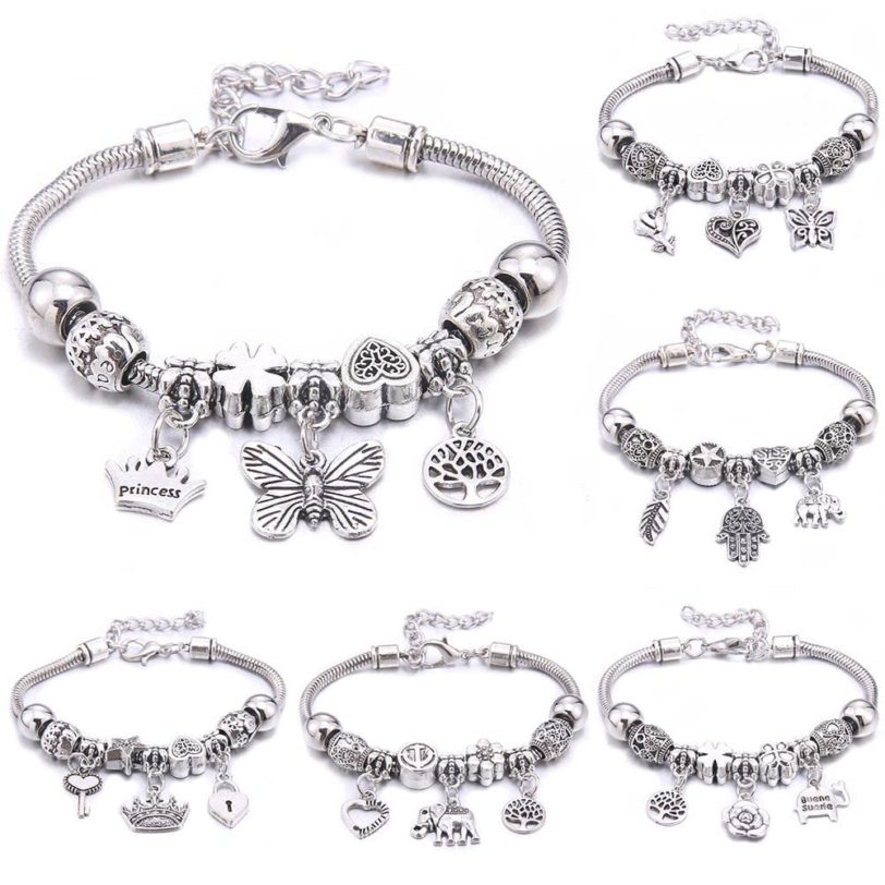 Charm Bracelet & Bangles Jewelry white butterfly Crown Beads Bracelets Brands Bracelets Fit Women Girl Friendship Gift