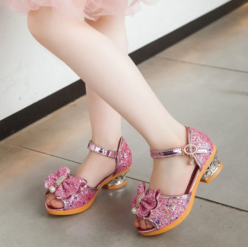 Children's Shoes 2021 New Summer Casual Glitter Bowknot Spring High Heel Girls Shoes Fashion Princess Dance Party Sandals