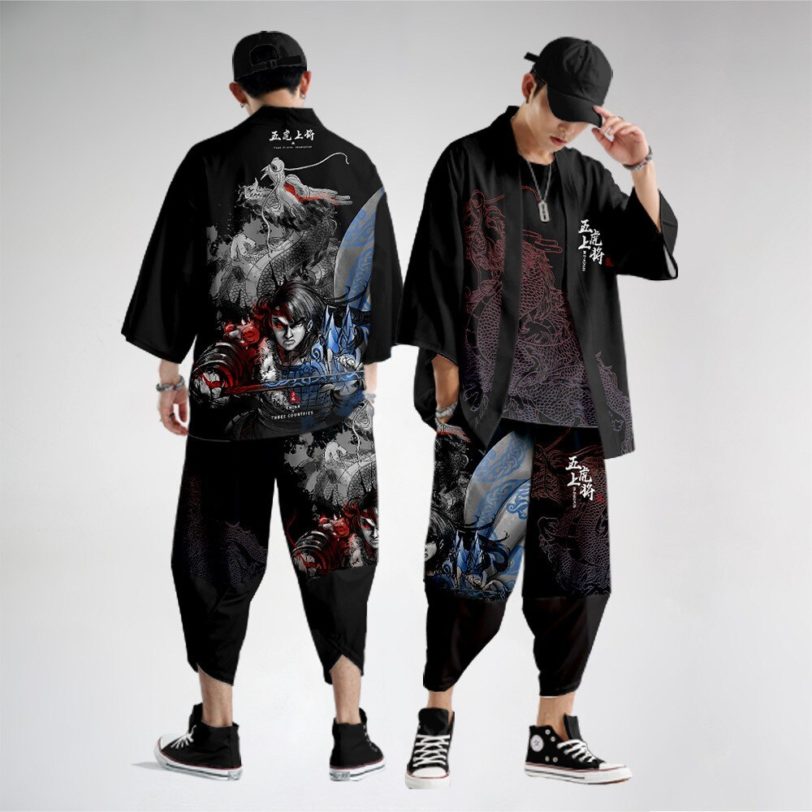 Chinese Style Print Men Kimono Cardigan Set Plus Size Male Yukata Samurai Clothing Casual Loose Streetwear Jacket Pant Suit 6XL