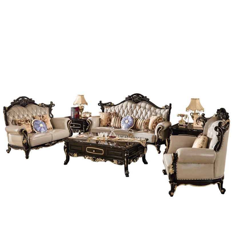 Classic style carved wood and leather sofa sets royal solid wood frame sofa set