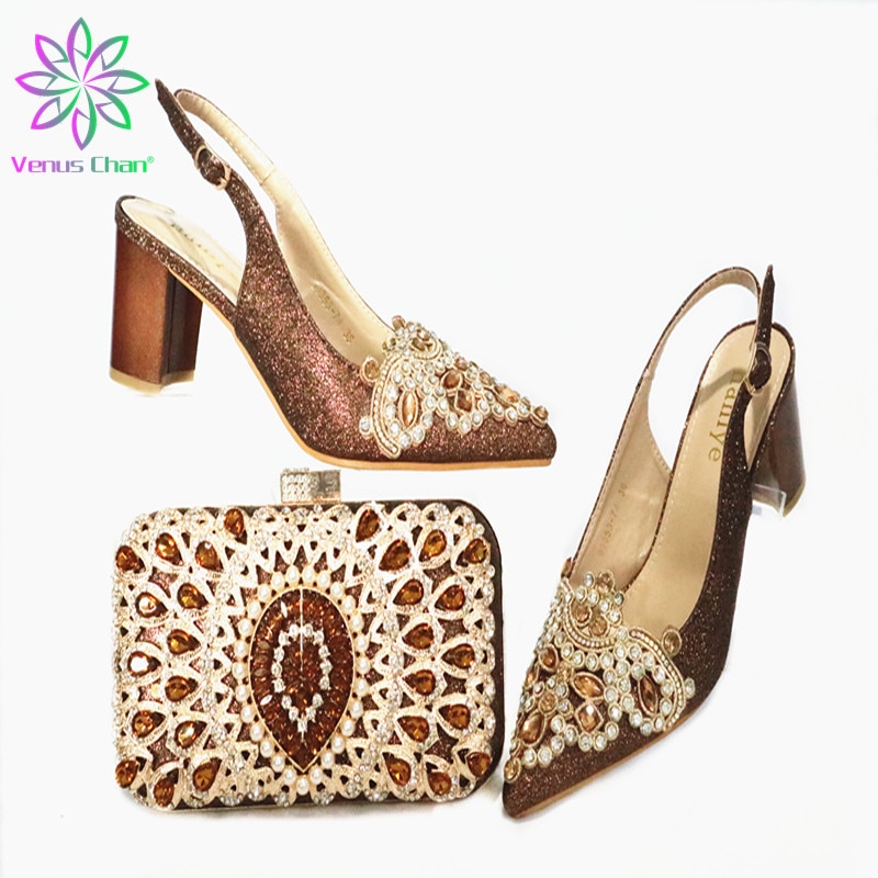 Comfortable Heels Lady Shoes and Bag Set in Brown Color Nigerian Women Shoes Matching Bag for