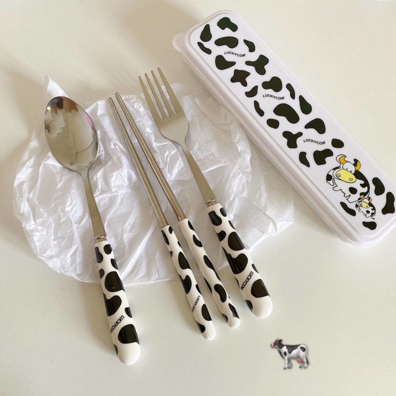 Cow Pattern Stainless Steel Fork Spoon Chopsticks Set Korean Ins Student Single Portable Tableware Travel Box Forks Spoon Set