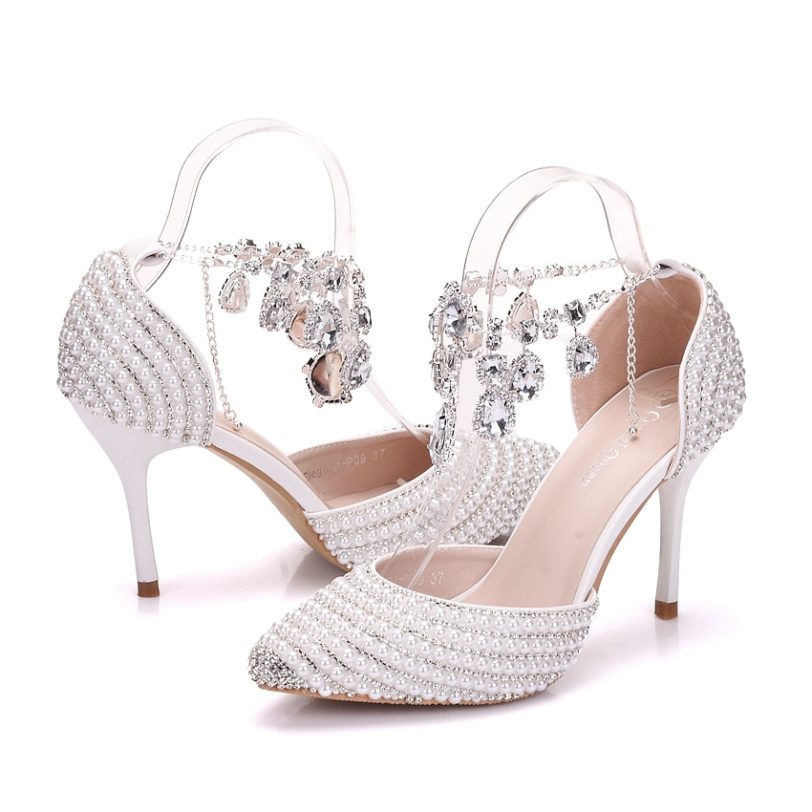 Crystal Queen Bridal Shoes Women Crystal Rhinestone Pointed Toe High Heels Sexy Wedding Evening Party Shoes Ladies Pumps