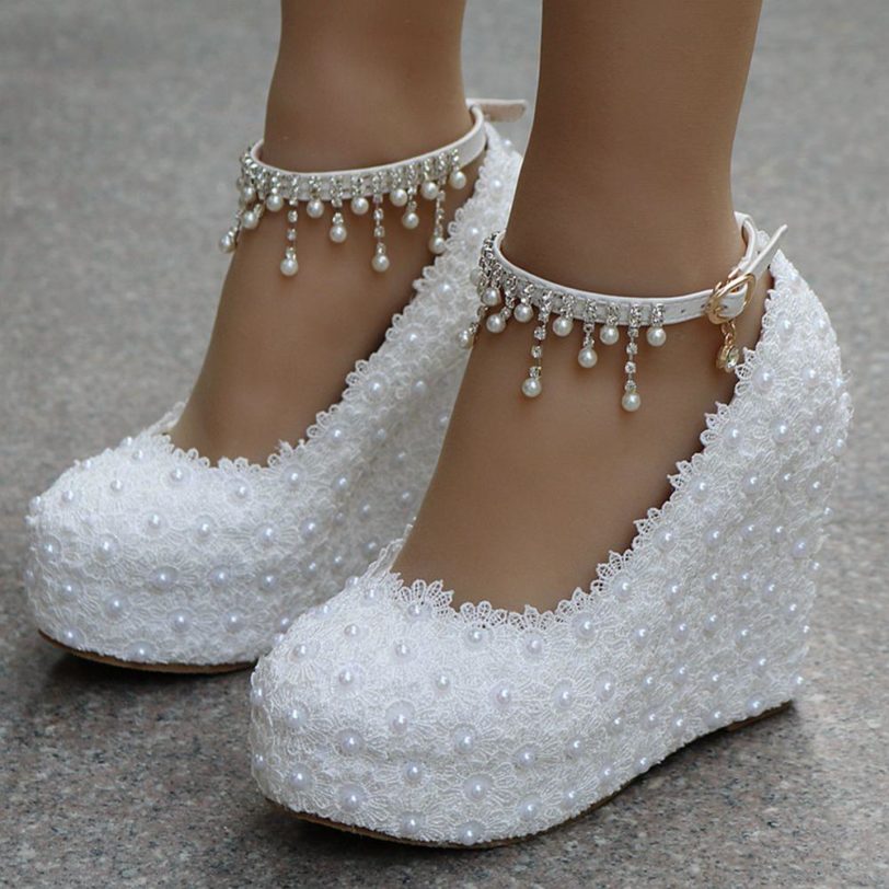 Crystal Queen White Wedges Wedding Pumps Sweet White Flower Lace Pearl Platform Pump Shoes Bride Dress High Heels