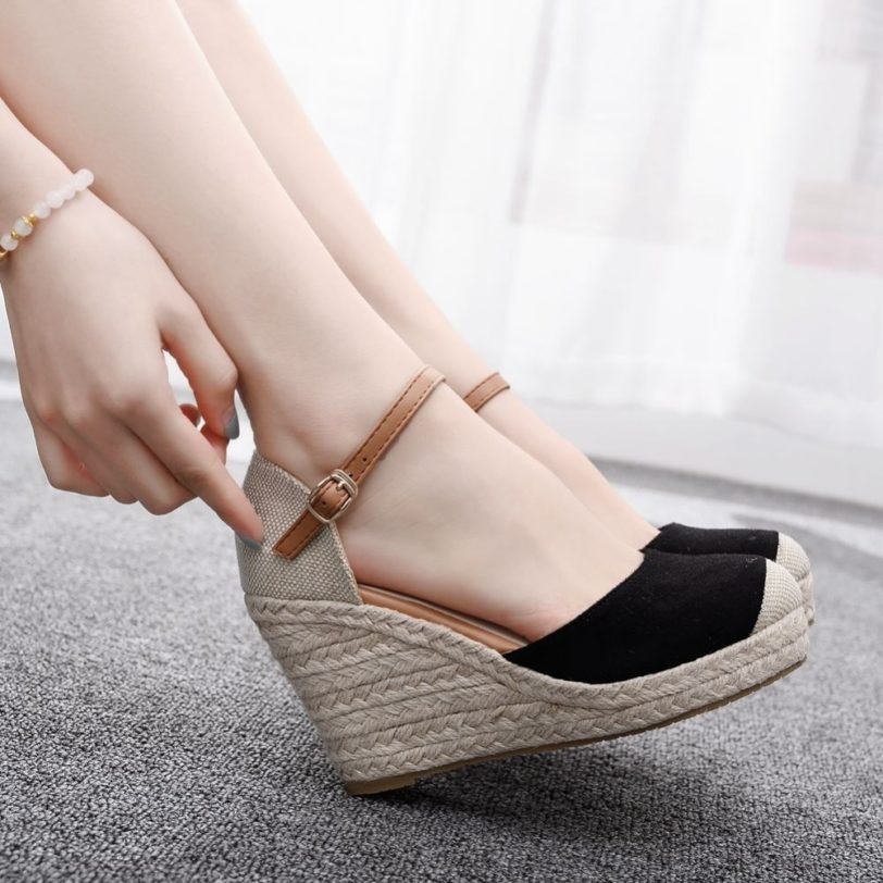 Crystal Queen Women Shoes Suede Wedges High Ankle Sandals Round Toe Casual Shoes High Slope Round Head Sandals Dress Shoes