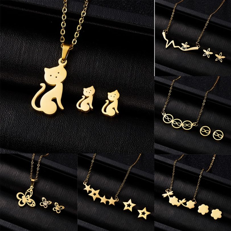 Cute Cat Butterfly Jewelry Set Stainless Steel Animal Infinity 8 Stars Heart Pendant Necklace Earrings Set Best Friends Gift