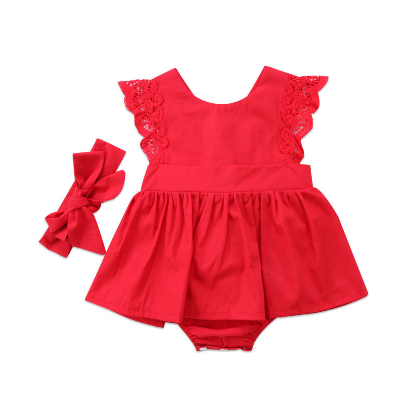 Cute Newborn Rompers Christmas Todder Infant Baby Girl Ruffle Red Lace Romper Dress Sister Princess Party Dresses for 0-24M