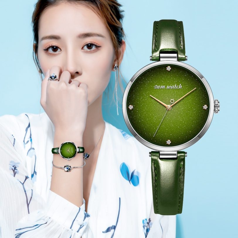 DOM Top Luxury Fashion Female Quartz Wrist Watch Elegant Green Women Watches Leather Waterproof Clock Girl Pattern Watch G-1292