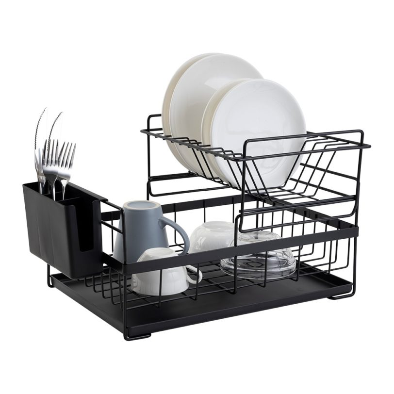 Dish Drying Rack with Drainboard Drainer Kitchen Light Duty Countertop Utensil Organizer Storage for Home Black White 2-Tier