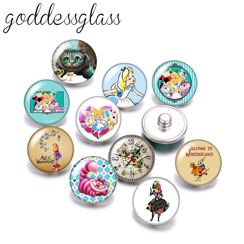 Disney Alice Cheshire cat white rabbit 10pcs Round photo glass 18mm snap buttons for 18mm snap