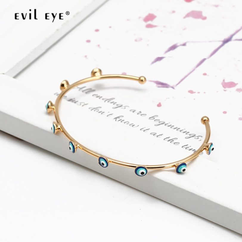 EVIL EYE Blue Turkish Evil Eye Open Cuff Bangle Gold Color Copper Bangle Bracelet Fashion Jewelry for Women Girls Men BE126