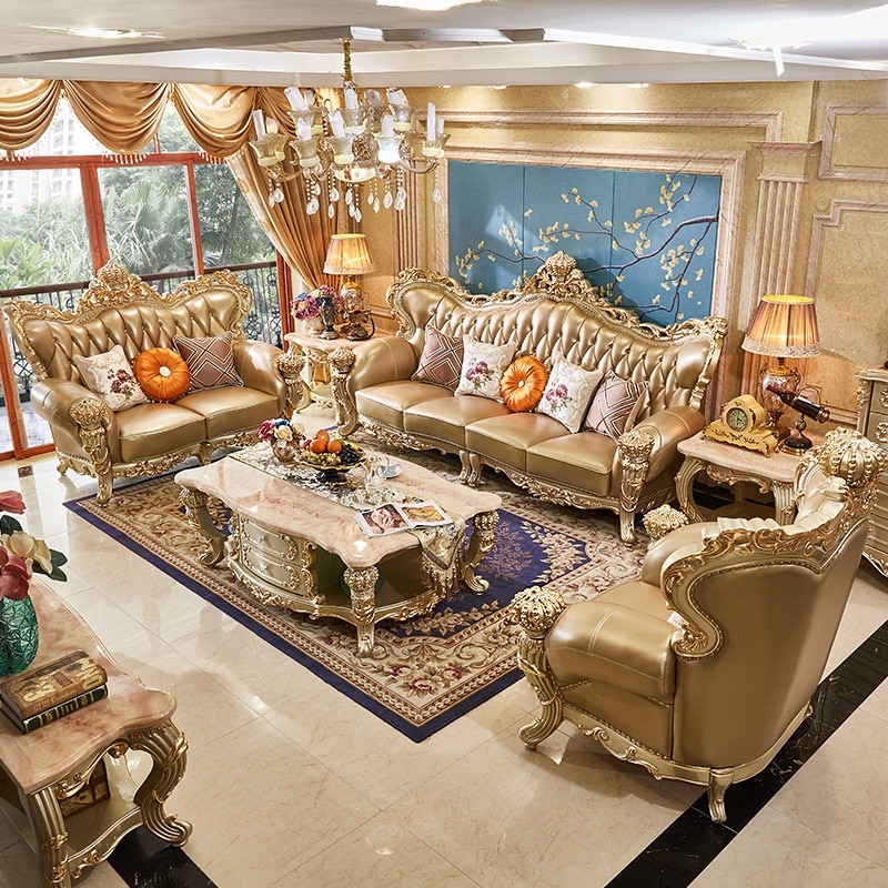 European Style Living Room Genuine Leather Sofa Sets Classical Design Antique Furniture