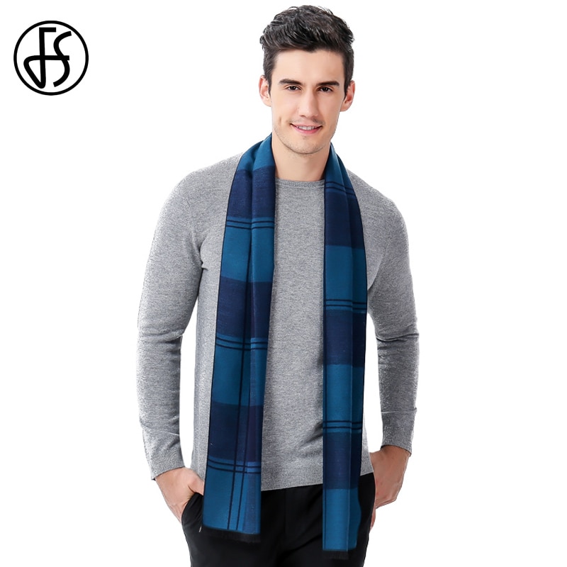 FS Vintage Scarf Luxury Brand Men Winter Style Designer Plaid Cashmere Shawl Warm Scarves Male Blue