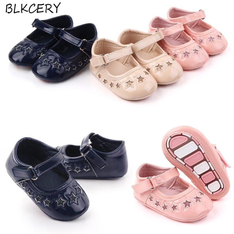 Fashion Brand Newborn Baby Girls Shoes Leather Buckle First Walkers with Stars Soft Soled Non-slip Crib Shoes for 1 Year 0-18M